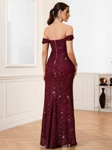 SHEIN Belle 勃艮第红色女士露肩高开衩亮片晚礼服、派对礼服、长袍、正式礼服、婚礼宾客礼服