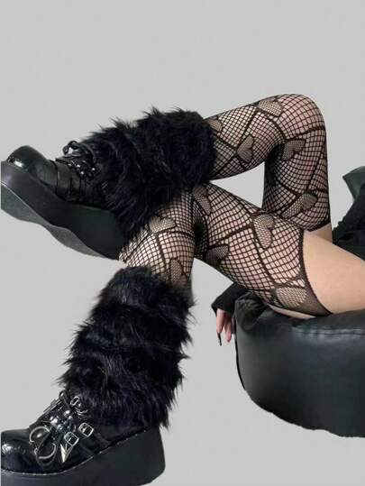 Fairycore 1pair Women's Black Heart Shaped Fishnet Stocking With Straps, Suitable For All Seasons