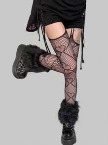 ROMWE 1 Pasang Kaos Kaki Jala Bertali Motif Cinta Hitam Gaya Gothic Gelap - Hitam - View 2