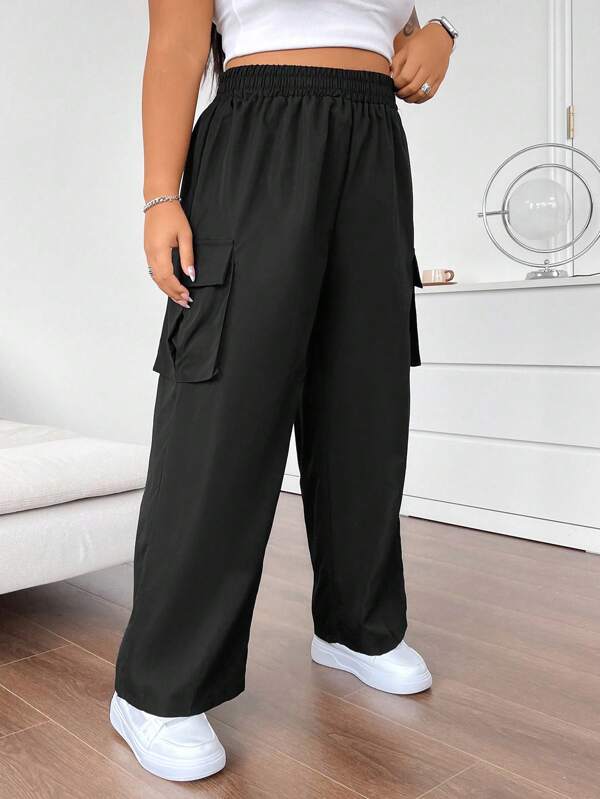 Flirla Plus Size Elastic Waist Flip Cover Pocket Casual Straight Pants