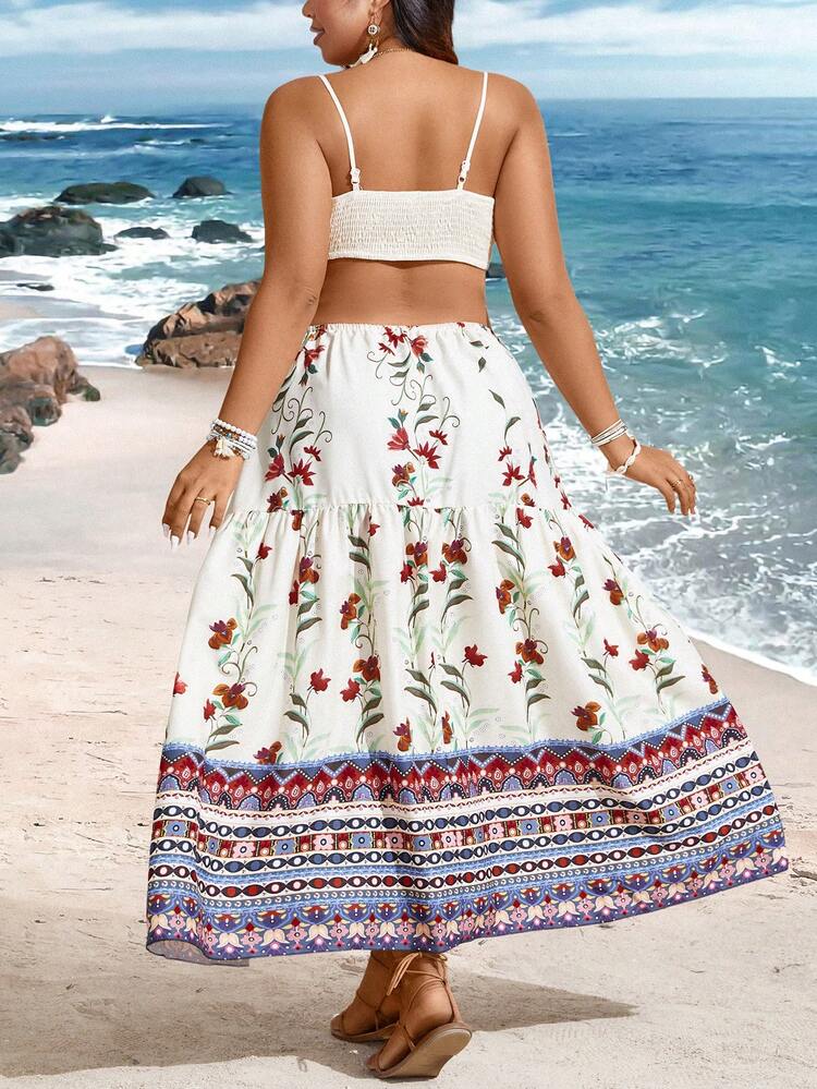 Plus Size Flower Printed Hollow Out Strappy Dress