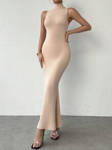 SHEIN Privé Quý cô Đơn giản Cái cổ Đuôi cá Hem Đầm - Màu Khaki - Xem 1
