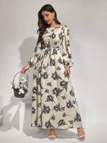 Modelyn Flower Print Belted Arabic Long Dress Long Evening Dresses - Multicolor - View 7