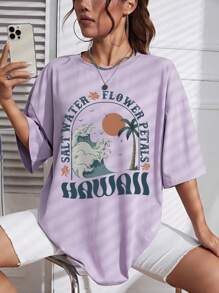 SHEIN EZwear Lá thư Và Sóng In Thả vai Ngắn tay Áo thun - Màu tím - Xem 6