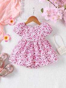 SHEIN Vestido de manga corta abullonada con espalda fruncida y estampado floral diminuto para niñas bebé de primavera/verano