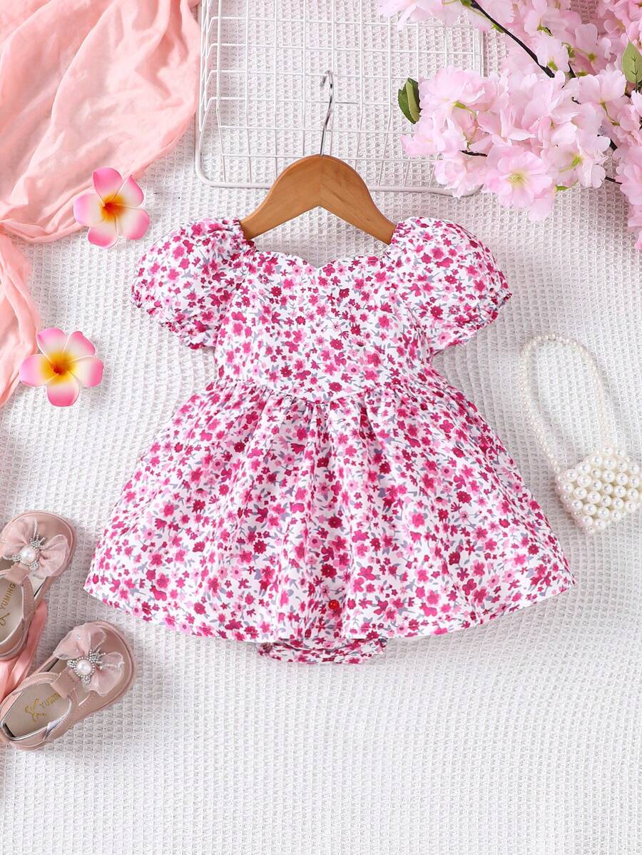 SHEIN Vestido de manga corta abullonada con espalda fruncida y estampado floral diminuto para niñas bebé de primavera/verano