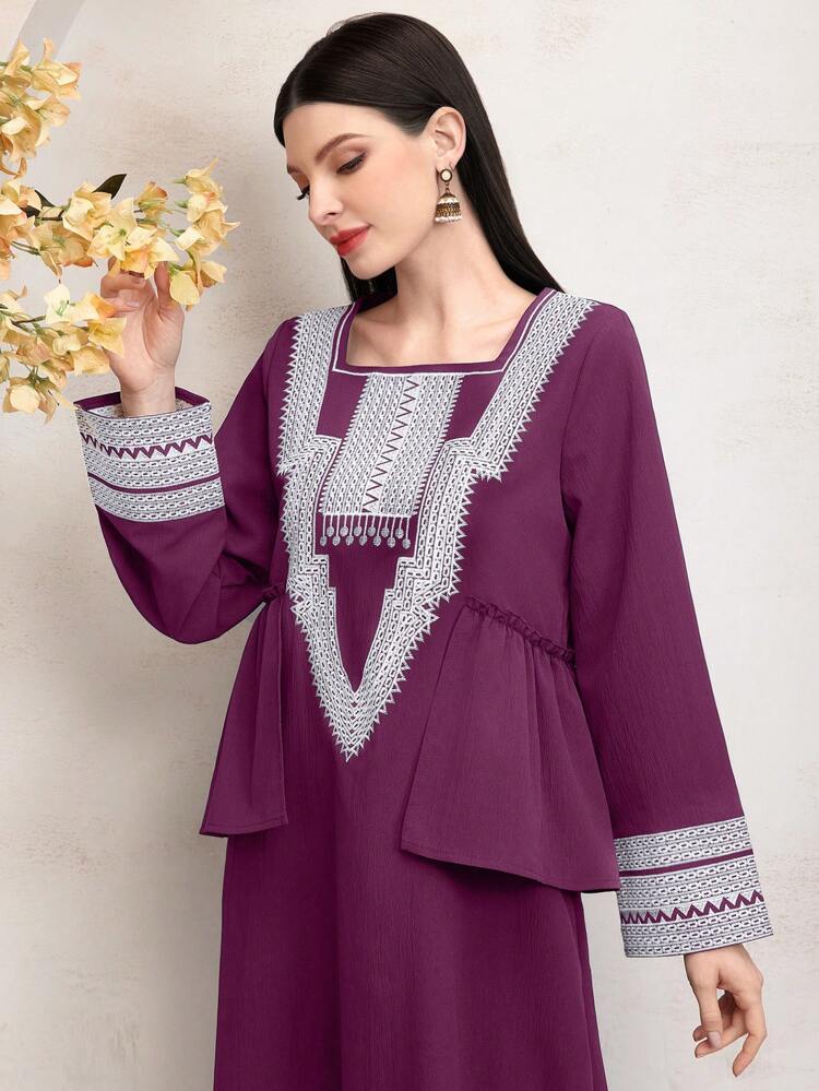 Loose Fit Embroidered Geometric Design Square Neckline Dress With Ruffle Hem Fall Cloth For Women