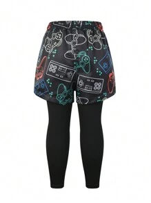 Young Boy's Gamepad Printed 2 In 1 Sport Pants - Black - View 2