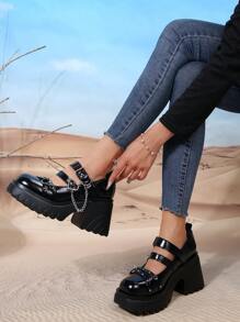 ROMWE Grunge Punk 女士時尚黑色楔形高跟鞋與鍊條裝飾的平台鞋 - 黑色 - 查看 2