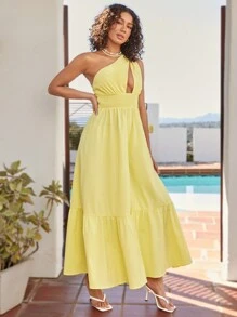 Soleia Women's Casual Vacation One Shoulder Sleeveless Jumpsuit With Ruffle Trim And Wide Leg - Yellow - View 3