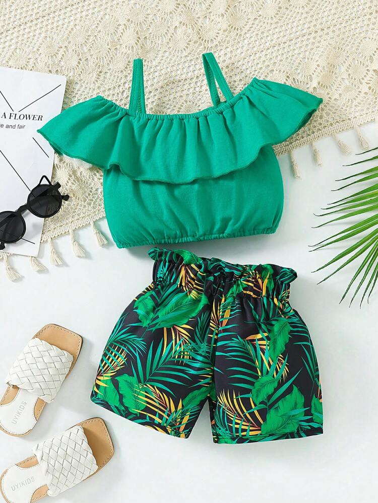 Young Girl Cold Shoulder Ruffle Top With Tropical Print Paperbag Shorts