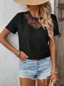 EMERY ROSE Camisa De Mujer Con Cuello Redondo Y Manga Corta Con Remiendos De Encaje