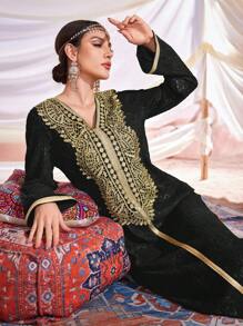 Al Najma Dệt Ruy băng Vá lại Dập nổi Dài Đầm - màu đen - Xem 7