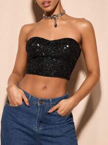 SHEIN BAE Zip Back Sequin Tube Top - Black - View 3