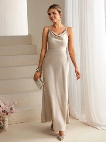 SHEIN Belle Women's Elegant Bridesmaid Gown Long Dress - Apricot - View 5
