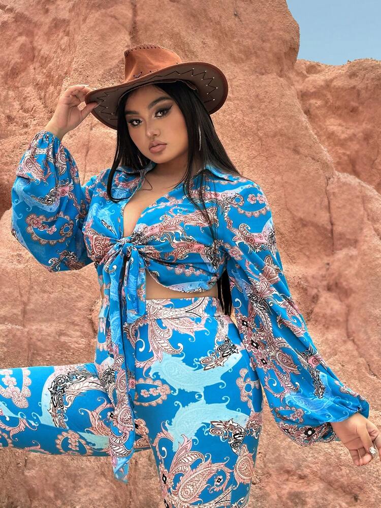 Plus Size Women's Floral Print Front Tie Lantern Sleeve Blouse