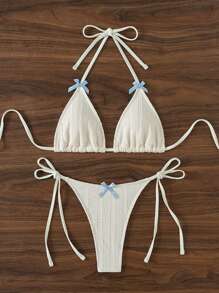 Swim Mod Conjunto de bikini con lazo decorativo de color contrastado con sujetador halter y laterales con lazo, playa de verano