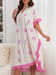 CottageSlumber CottageSlumber Women's Loose Fit Sleep Dress Pajama Dress With Wide Sleeves, Contrast Color Ruffle Hem And Floral Print Long Dress Women Plus Sleepwearwomen Sleepwear