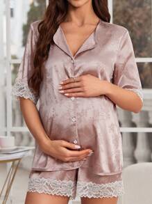Set di pigiami in seta con pizzo, con bordi jacquard, collo a V, per donne in gravidanza