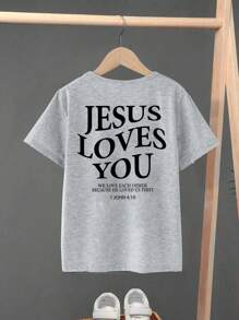 SHEIN 青少年男孩标语印花短袖T恤，家庭亲子装 - 灰色 - 查看 1