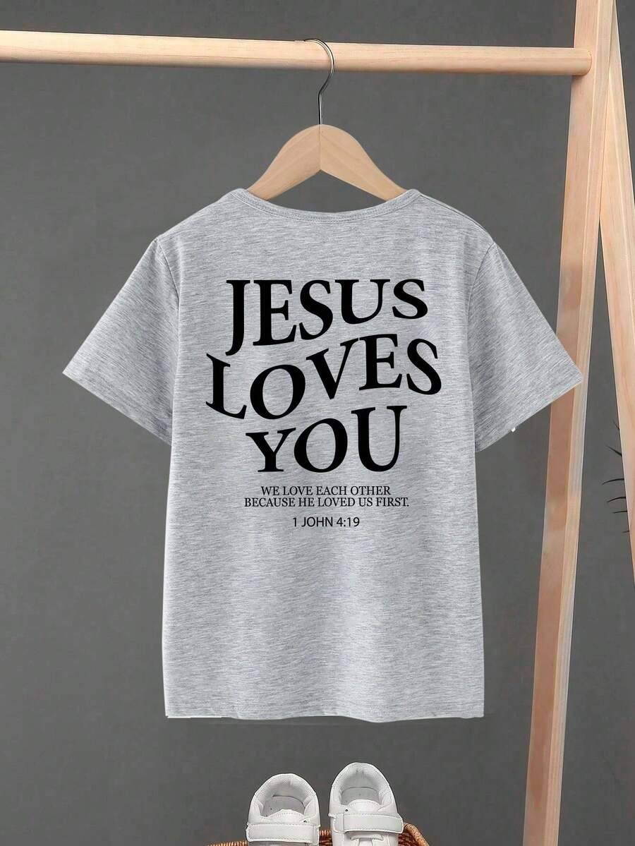 SHEIN 青少年男孩标语印花短袖T恤，家庭亲子装 - 灰色 - 查看 1