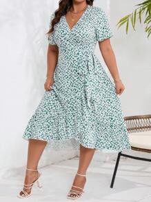 SHEIN LUNE Plus Size Floral Wrap Dress With Knot Front - Green - View 6