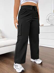 Flirla Pantalones De Carga Para Mujer De Tallas Grandes unicolor Con Cintura Plegable - Negro - Ver 7