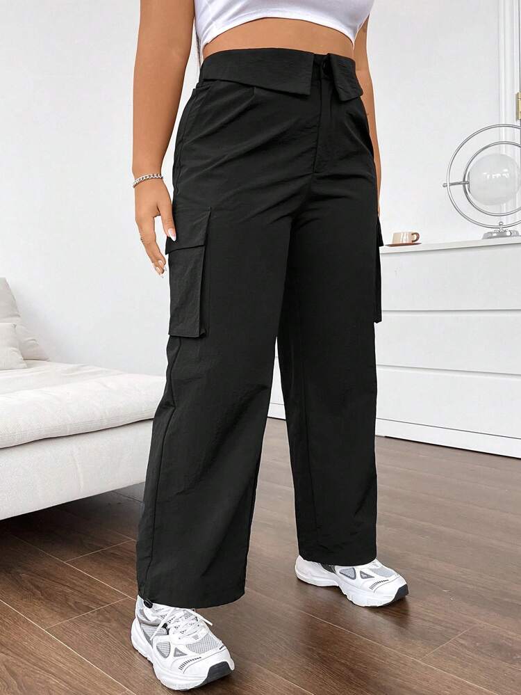Women's Plus Size Solid Color Fold-Over Waist Cargo Pants Fall Cloth For Women