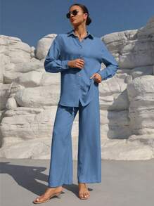 SHEIN Clasi Solid Color Button Down Long Sleeve Shirt And Wide Leg Pants - Blue - View 5