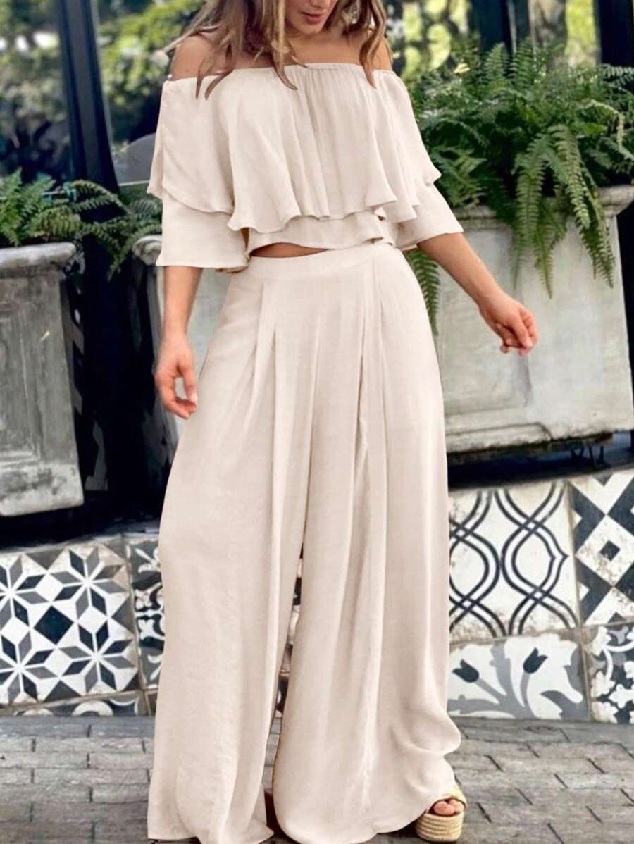 SHEIN LUNE Bộ đồ hai mảnh áo trễ vai họa tiết màu trơn và quần ống rộng rộng rãi - Màu Khaki - Xem 1
