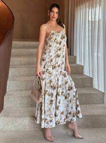 SHEIN Essnce Women's Vintage Floral Printed Spaghetti Strap Dress - Brown - View 5