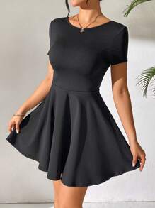 SHEIN PETITE Quý cô Màu thuần Không lưng Tie-Up Ngắn tay Đầm - màu đen - Xem 5