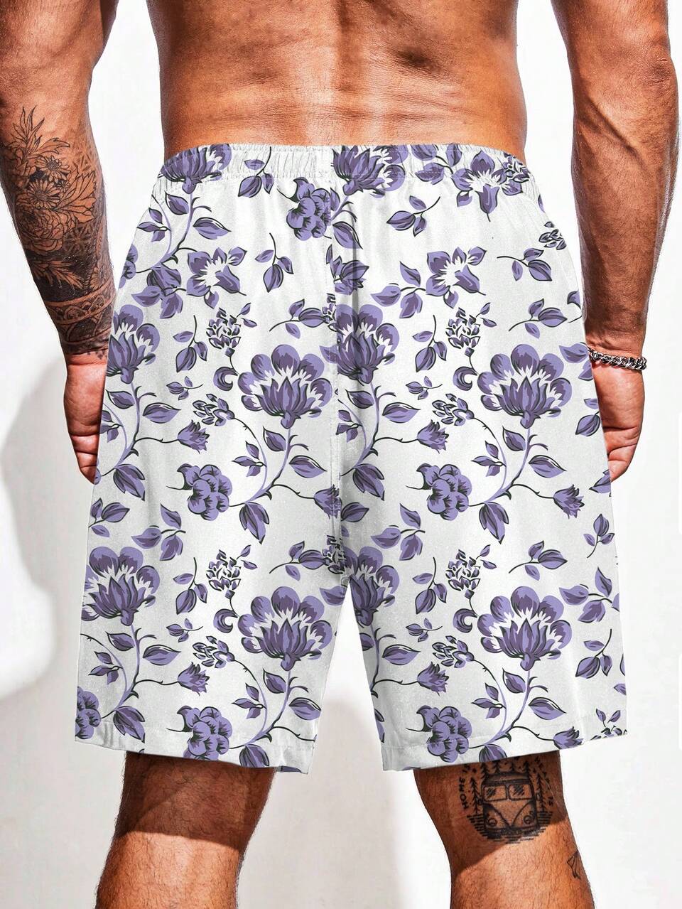Men's Plus Size Floral Printed Drawstring Waist Beach Shorts