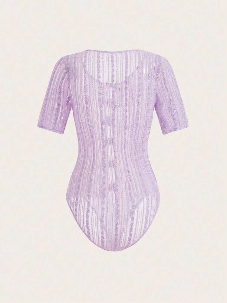 Summer Kawaii Ballet Bow Sheer Lace Lavender Bodysuit