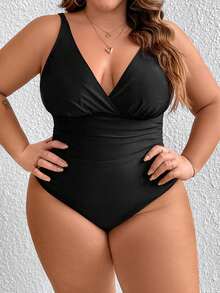 SHEIN CURVE+ Kích thước lớn Màu thuần Xếp li Áo tắm một mảnh Với Dây đai mỏng - màu đen - Xem 3