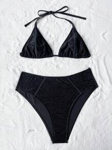 Swim Lushoire Conjunto de bikini separado de tirantes para mujer, para verano y playa - Negro - Ver 4