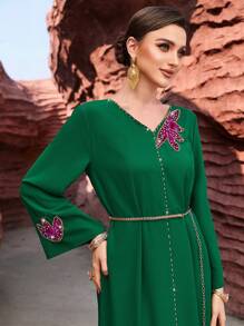 Al Najma Purple Velvet Handmade Flower Green Robe - Green - View 2