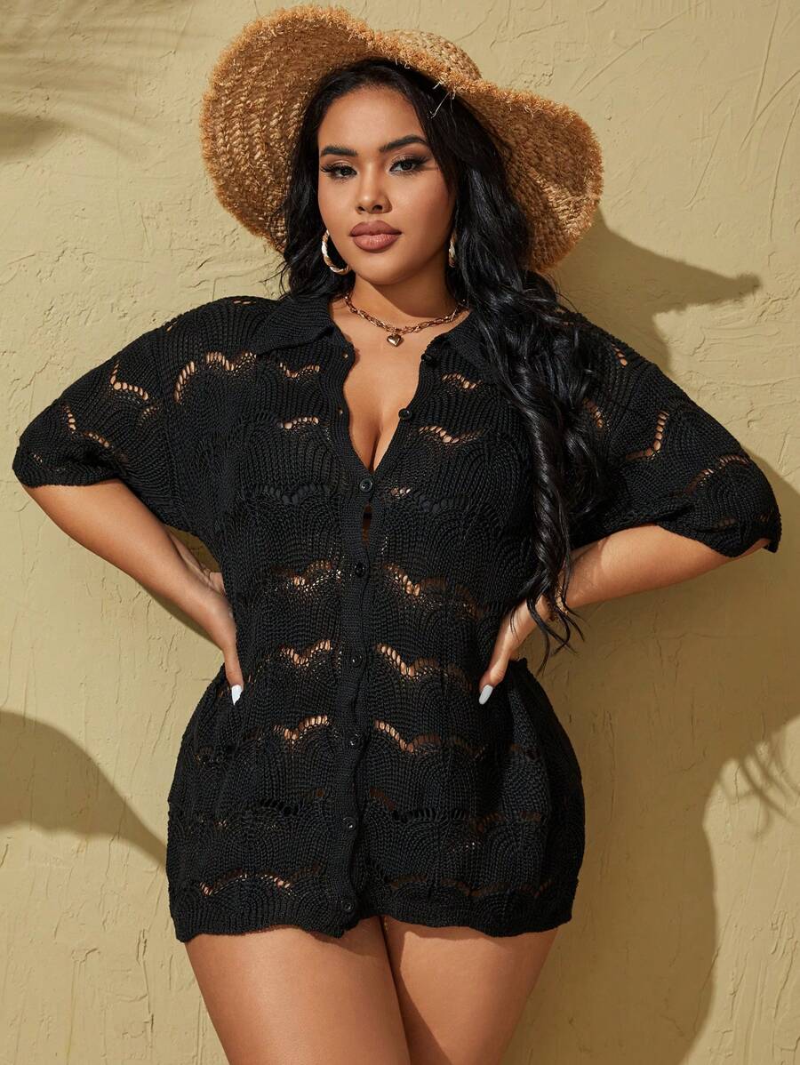 SHEIN VCAY 大码镂空纽扣和服，海滩度假风 - 黑色 - 查看 1