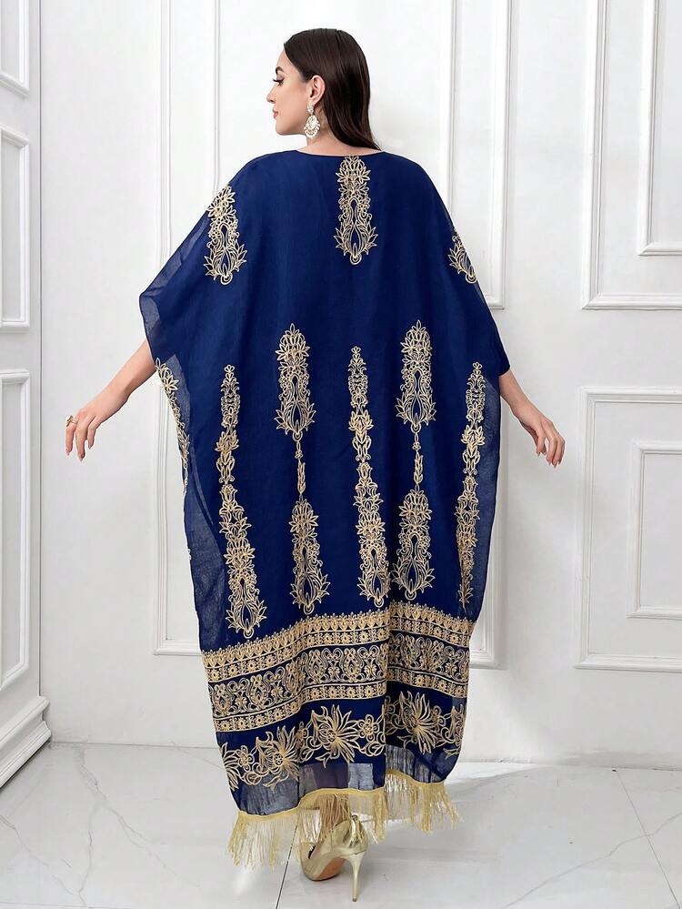 Women's Floral Print Notch Neck Turkish Tunic Dress Kaftan Jalabiya Dress