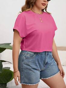 SHEIN Essnce Plus Size Women's Solid Color Casual Comfortable Short T-Shirt - Pink - View 4