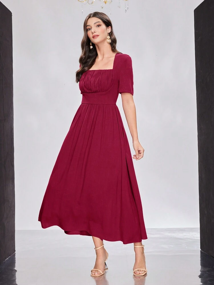 Ladies' Solid Color Pleated Square Collar Cinched Waist Dress Long Evening Dresses