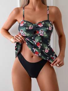 SHEIN Swim Summer Tropical Print Cami Plain Triangle Briefs Tankini Set - Multicolor - View 1