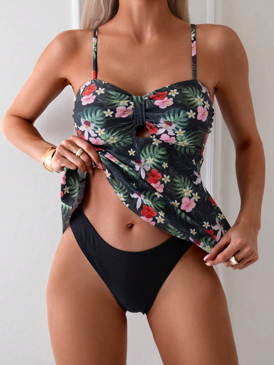 SHEIN Swim Summer Tropical Print Cami Plain Triangle Briefs Tankini Set - Multicolor - View 1