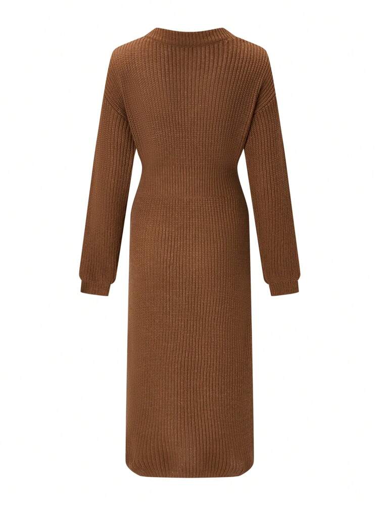 Women's V-Neck Long Sleeve Knitted Sweater Dress