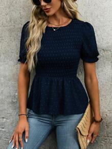 Breezaya 女士圆领短款泡泡袖裹身衬衫荷叶边上衣 - 藏蓝色 - 查看 3