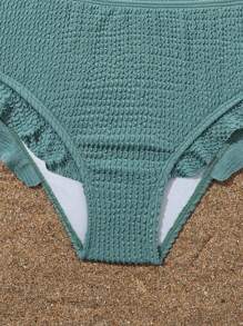 特殊面料和褶邊設計的TWEEN女孩單肩荷葉比基尼 - 軍綠色 - 查看 5