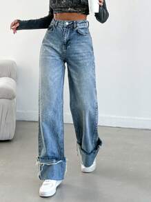 EURMUSE High-Waisted Wide Leg Baggy Jeans - Blue - View 5