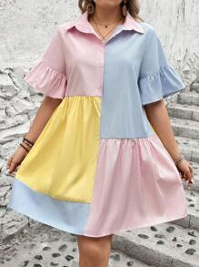 Breezaya Vestido camisa de color de bloque a rayas asimétrico con estilo vacacional, verano, talla grande