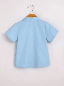 SHEIN 小男孩純色短袖襯衫 - 藍色 - 查看 2