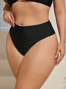 SHEIN Swim Curve 夏季沙滩加大码纯色褶皱泳裤，沙滩度假风 - 黑色 - 查看 3